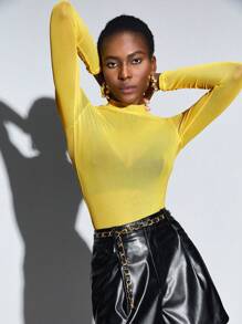 Maija Mock Neck Semi Sheer Mesh Top - Yellow - View 7