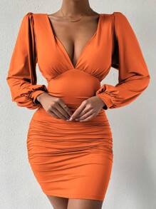 Chiquease Plunging Neck Lantern Sleeve Ruched Bodycon Dress - Orange - View 1