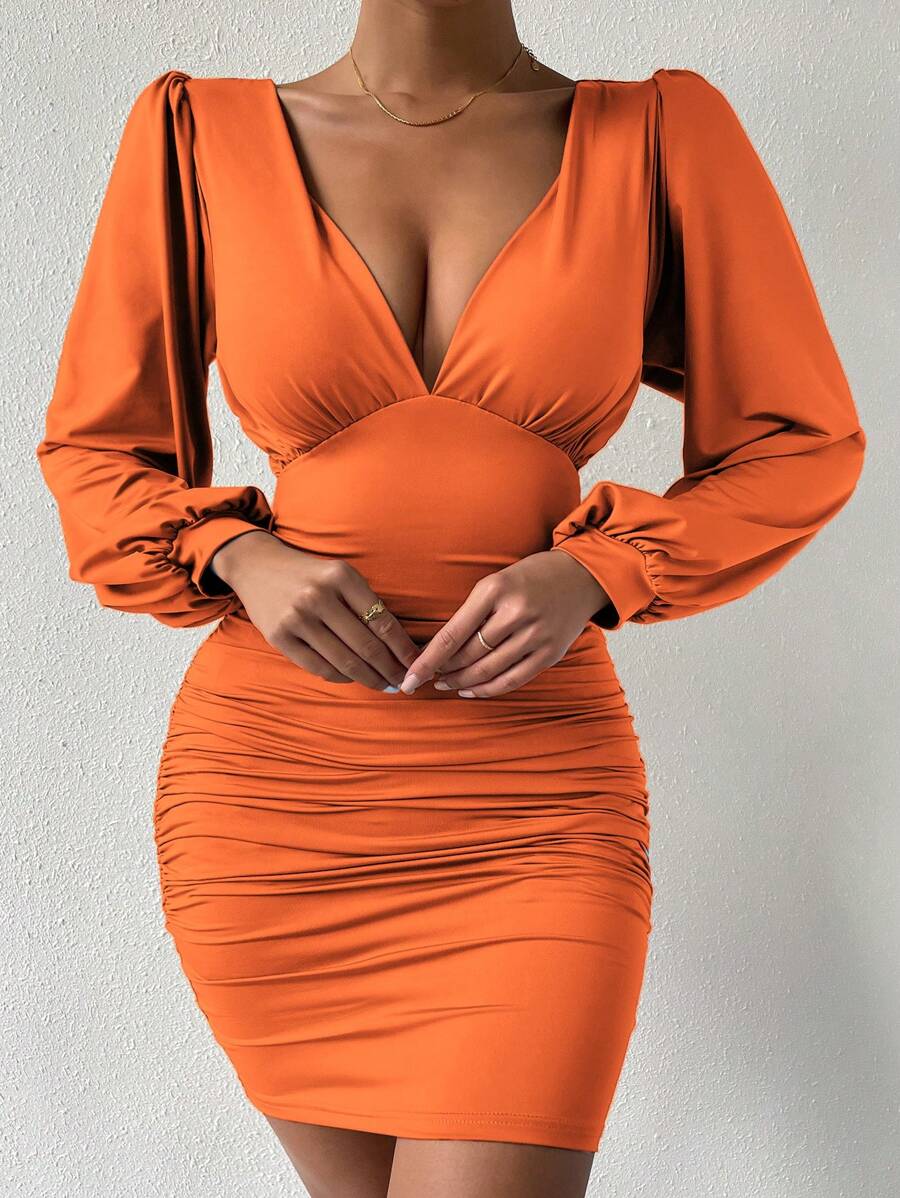 Chiquease Plunging Neck Lantern Sleeve Ruched Bodycon Dress - Orange - View 1