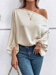 EMERY ROSE Asymmetrical Neck Batwing Sleeve Satin Blouse One Shoulder Top Fall Cloth For Women - Apricot - View 4