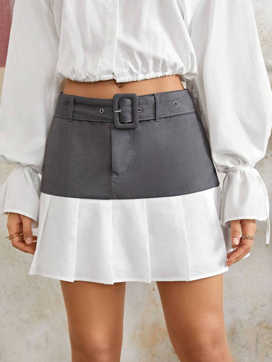 SHEINNeu Two Tone Belted Pleated Hem Skirt
