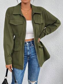 SHEIN Essnce Flap Pocket Drop Shoulder Zipper Coat - Army Green - View 1