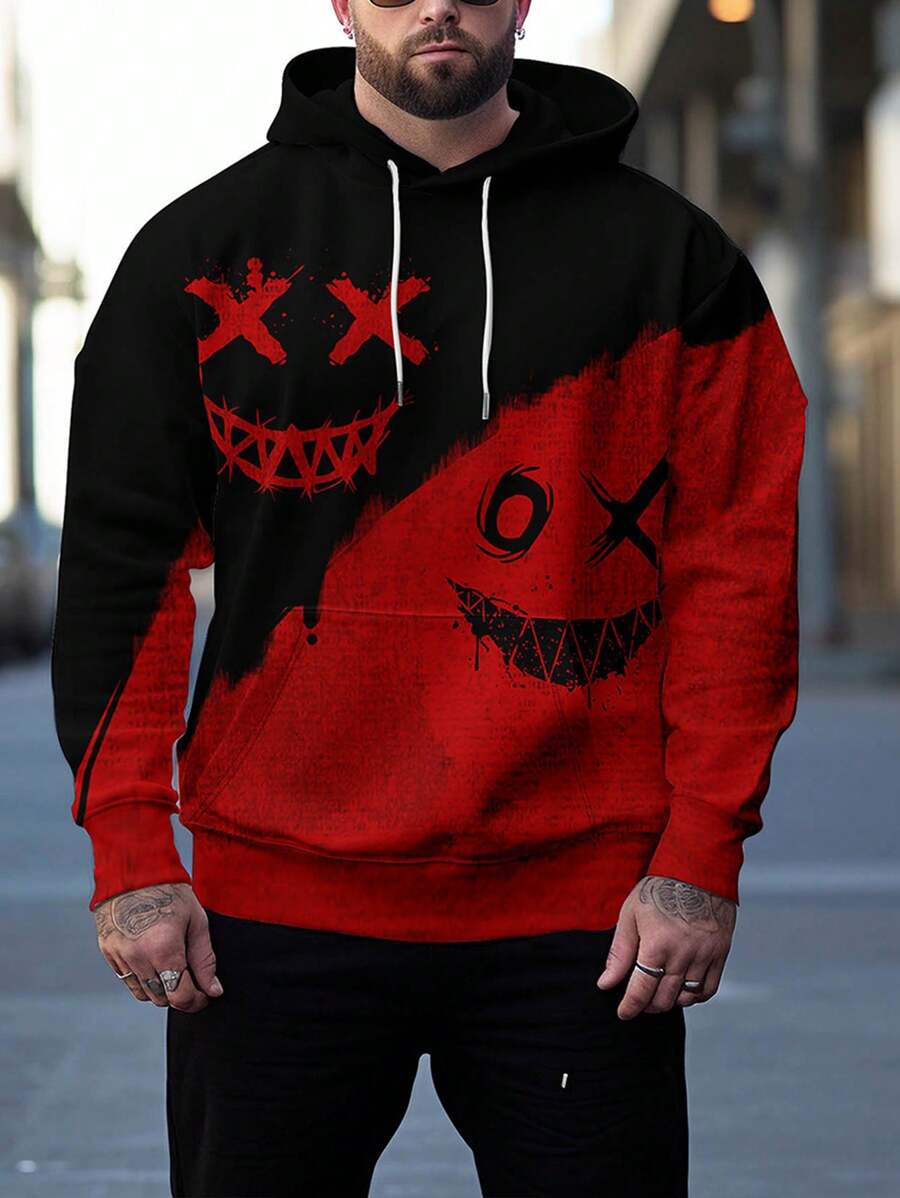 Manfinity LEGND Hombres talla grande Capucha con estampado de dibujos animados con bolsillo de canguro con cordón - Multicolor - Ver 1