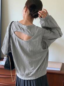 DAZY Cắt ra phía trước Thả vai Áo nỉ - Xám - Xem 5