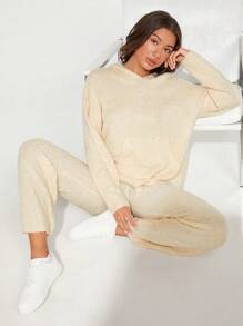 SHEIN BASICS Kangaroo Pocket Drop Shoulder Drawstring Hooded Sweater