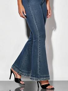 SHEIN BAE 高腰流蘇下擺牛仔喇叭褲 - 藍色 - 查看 5