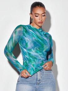 SHEIN BAE Tie Dye Ruched Side Tee - Green - View 4