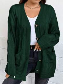 SHEIN Clasi Talla grande Cárdigan tejido de cable de hombros caídos con parche de bolsillo - Verde Oscuro - Ver 7