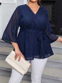 SHEIN Privé Plus Solid Belted Wrap Blouse - Navy Blue - View 1