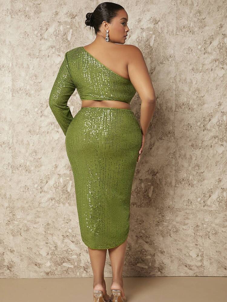 Christmas Plus One Shoulder Crop Sequin Top & Split Thigh Skirt