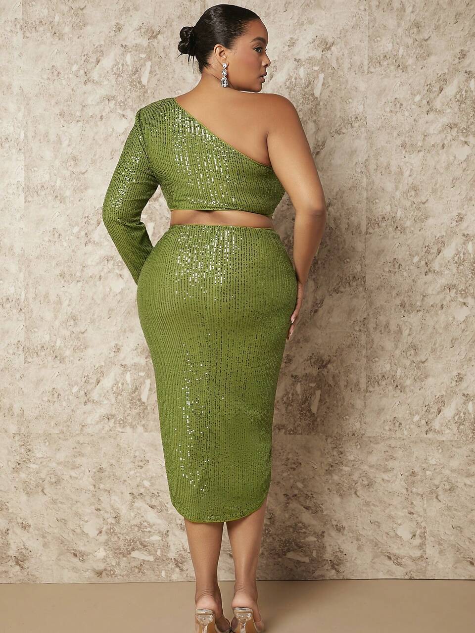 Christmas Plus One Shoulder Crop Sequin Top & Split Thigh Skirt