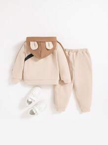 SHEIN 男嬰小熊印花3D耳朵設計連帽衫和運動褲&包 - 杏色 - 查看 2
