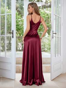 MUXXN Satin High Slit Formal Dress, Party Dress, Evening Gown, Cocktail Dress, Wedding Guest Dress - Burgundy - View 2