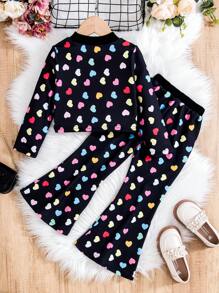 SHEIN Young Girl Heart Print Tee & Flare Leg Pants - Black - View 2