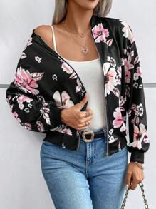 SHEIN VCAY Cazadora tipo bomber con estampado floral con cremallera - Negro - Ver 1