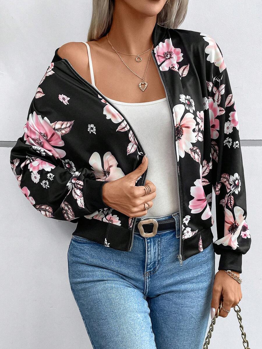 SHEIN VCAY Cazadora tipo bomber con estampado floral con cremallera - Negro - Ver 1
