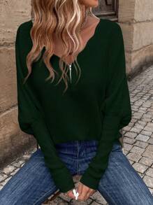 SHEIN Essnce 半拉鏈門襟蝙蝠袖套頭毛衣 - 軍綠色 - 查看 3