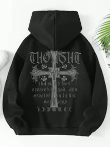 INAWLY Letter Graphic Drop Shoulder Drawstring Thermal Lined Hoodie - Black - View 6