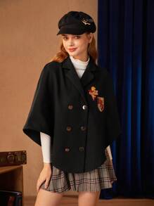 HARRY POTTER X SHEIN Letter Patched Double Breasted Cape Coat - Black - View 3
