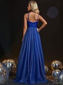 Contrast Sequin Mesh Overlay Cami Formal Dress - Royal Blue - View 2