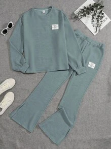 Teen Girl Letter Patched Drop Shoulder Tee & Pants - Baby Blue - View 5