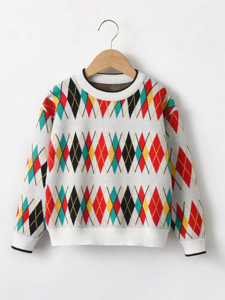 Tween Girl Argyle Pattern Contrast Trim Sweater