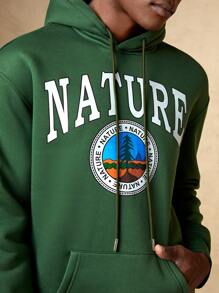 In My Nature 男士字母圖案袋鼠口袋抽繩連帽衫 - 綠色 - 查看 6