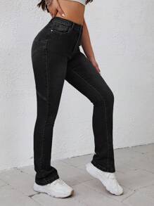 SHEIN EZwear Chất rắn Quần ống loe - màu đen - Xem 3