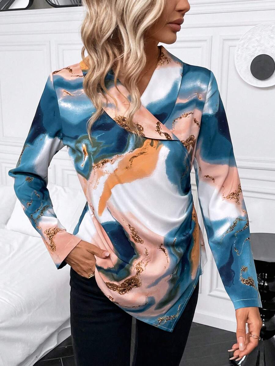 SHEIN Clasi 大理石圖案圍裹不對稱下擺襯衫 - 彩色 - 查看 1