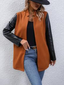 SHEIN LUNE 拼接PU皮革開門襟外套 - 棕色 - 查看 5