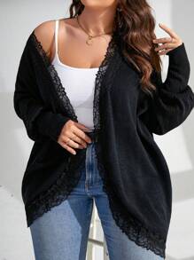 SHEIN LUNE Plus Contrast Lace Batwing Sleeve Duster Cardigan - Black - View 5