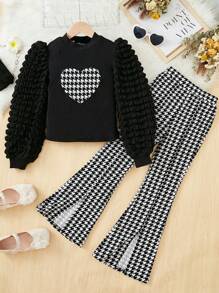 SHEIN Tween Girl Houndstooth Print Lantern Sleeve Top & Flare Leg Pants - Multicolor - View 1
