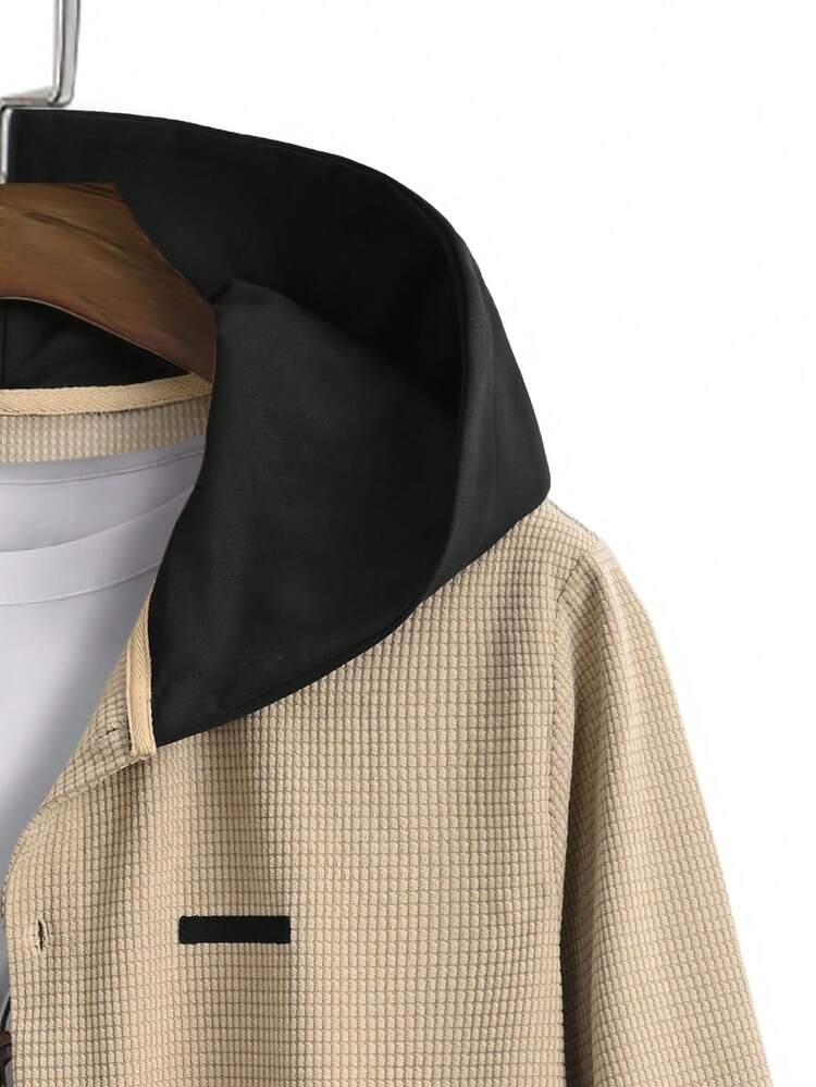 Men Colorblock Button Front Hooded Shacket