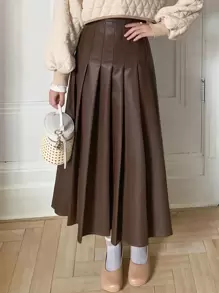 FRIFUL High Waist PU Leather Pleated Skirt - Coffee Brown - View 1