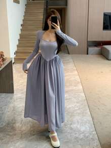 DAZY Chất rắn Viền không đối xứng Váy Dây Với Bolero Shrug Top - Màu xanh bụi bặm - Xem 2