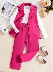 SHEIN Explorewe Tween Girl Solid Tee & Pants & Vest Coat - Hot Pink - View 1