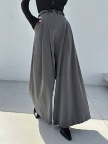 DAZY 拼接細節闊腿西裝褲 - 灰色 - 查看 4