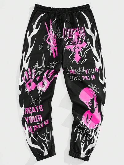 Street Life Men Slogan & Fire Print Drawstring Waist Pants, School, For Fall