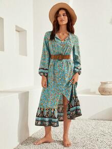 Bohemela 小碎花燈籠袖荷葉邊洋裝不附腰帶