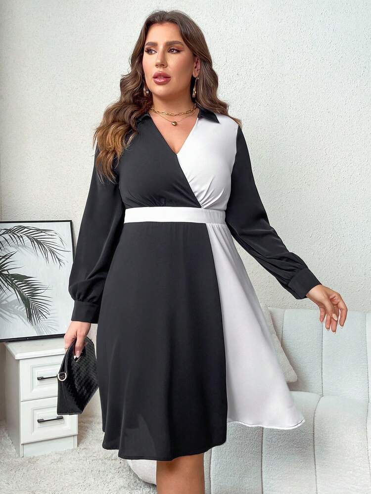 Plus Two Tone Surplice Neck Lantern Sleeve Dress