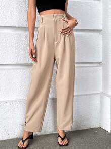 SHEIN Essnce 高腰拼接細節直筒褲 - 卡其色 - 查看 5