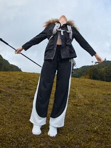 In My Nature 撞色闊腿戶外長褲 - 黑與白 - 查看 3
