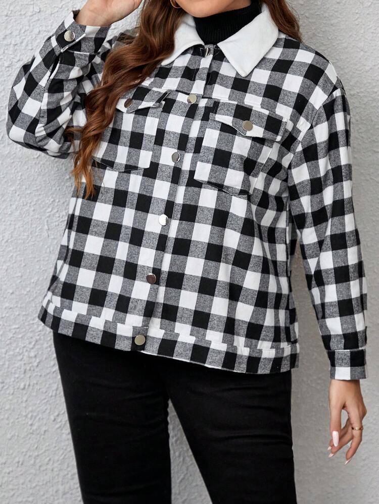 Plus Plaid Print Borg Collar Flap Pocket Jacket