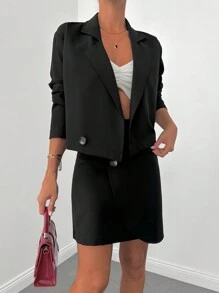 EURMUSE Solid Lapel Collar Single Button Blazer & Wrap Skirt - Black - View 5