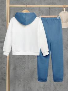 SHEIN 男大童字母圖案連帽衫和運動褲 - 藍色 - 查看 2
