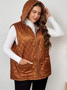 EMERY ROSE Hơn In hoa Báo Túi có nắp áo có mũ Áo khoác vest quilted - màu nâu - Xem 4