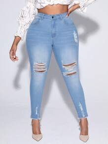 SHEIN SXY Plus High Waist Ripped Raw Hem Skinny Jeans - Light Wash - View 1