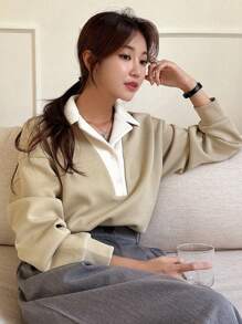 DAZY Women's Contrast Color Fleece Polo Collar Drop Shoulder Long Sleeve Casual Sweatshirt, Autumn - Khaki - View 2