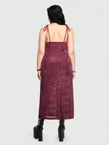 ROMWE PUNK 大碼肩上打結高衩吊帶洋裝 - 紅色 - 查看 5