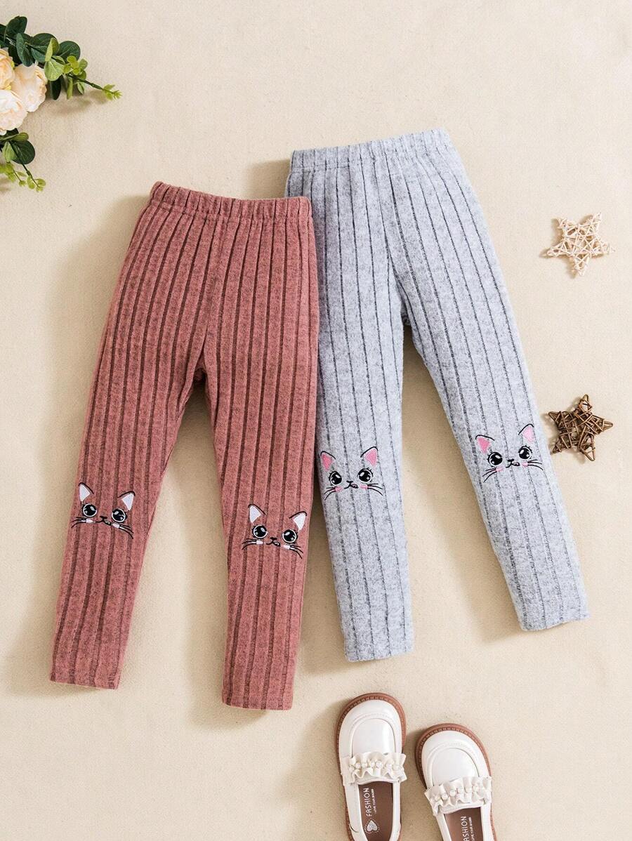 SHEIN 女小童2入組蝴蝶圖案條紋針織緊身打底褲